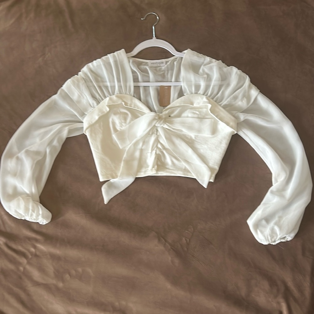 Vestique white sheer and solid long sleeve cropped Top.